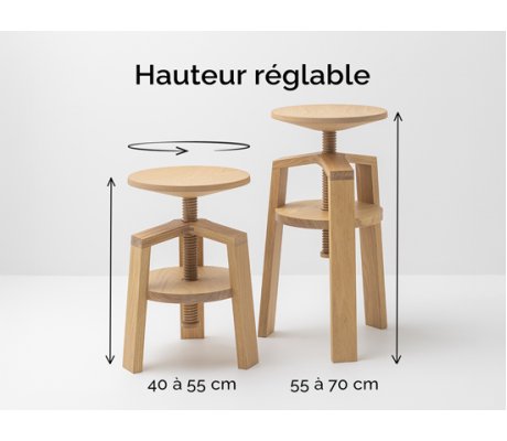 CLOCK 40/55 and 55/70 screw stool - Wood and design made in France