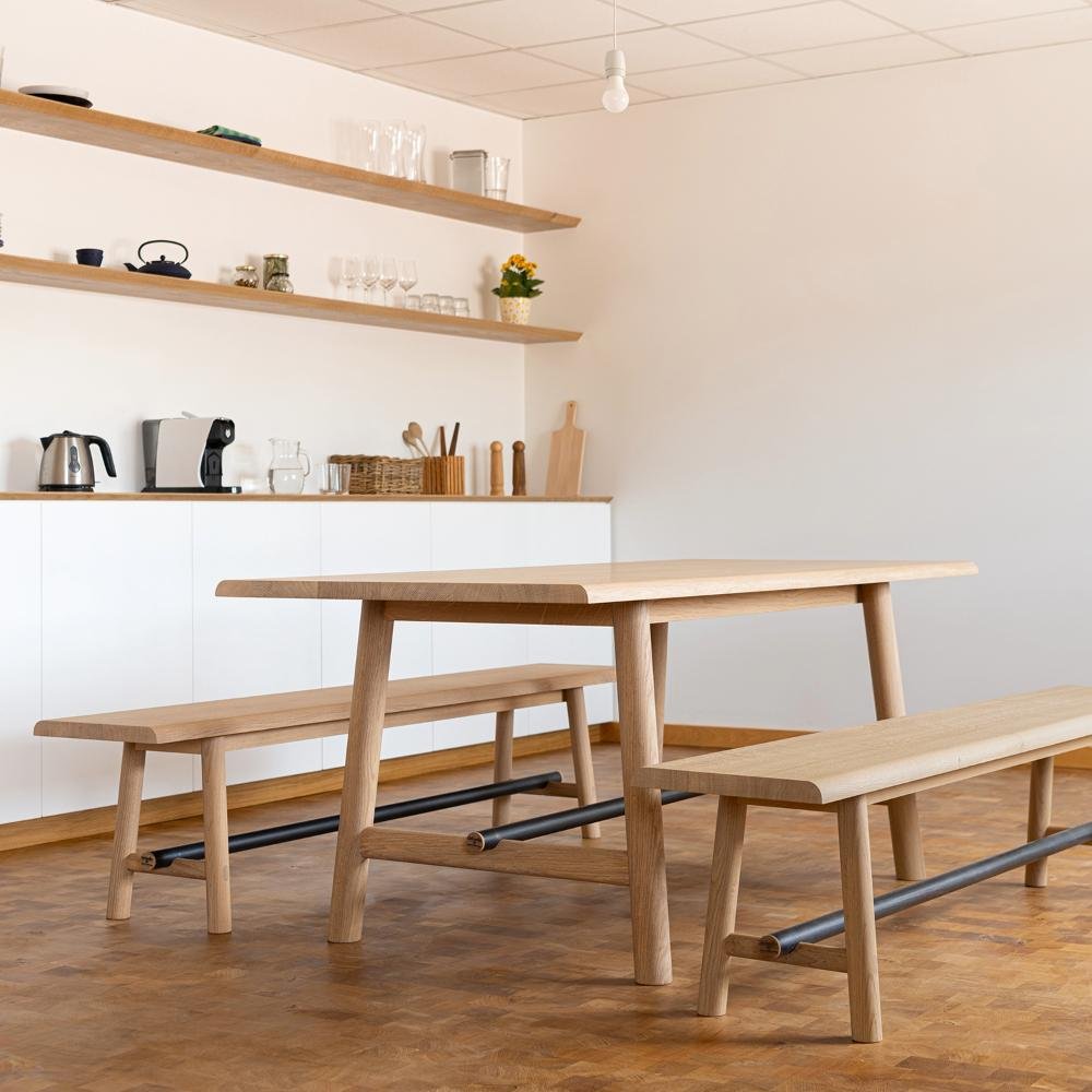 OSTAL, UN ENSEMBLE DE TABLE & BANCS BOIS ET MÉTAL, SIGNÉ PIERRE DUBOURG